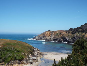 Scenic view of sea against clear blue sky