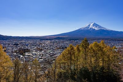 Scenic view of mountains against clear blue sky