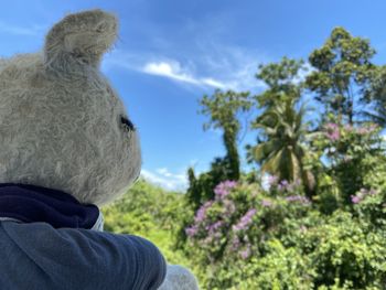 Close-up rear view of a girl against blue sky