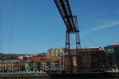 Low angle view of crane by buildings against clear blue sky