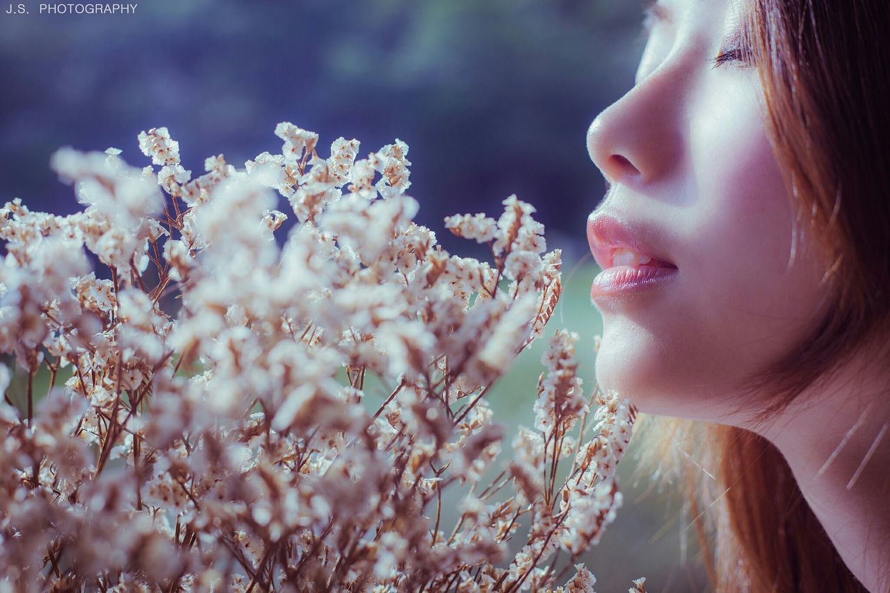 flower, lifestyles, focus on foreground, leisure activity, young women, fragility, person, close-up, headshot, nature, freshness, young adult, outdoors, beauty in nature, day, long hair, growth