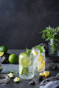 Fruits in glass on table