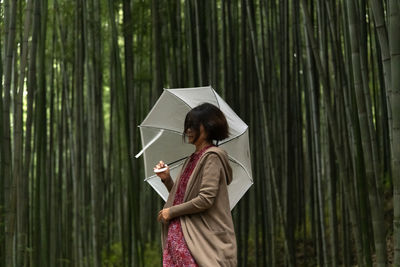 View of a woman holding a white umbrella in the bamboo forest