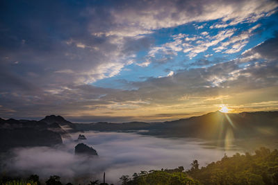 Scenic view of mountains against sky during sunset