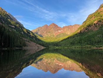 Scenic view of lake and mountains against sky