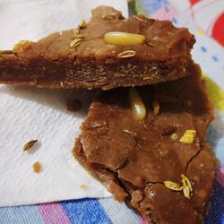 High angle view of cake in plate