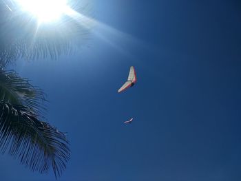 Low angle view of palm trees against blue sky