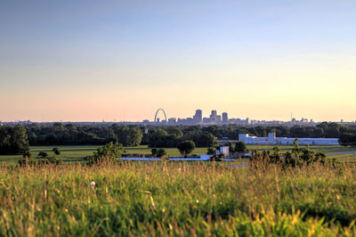 Scenic view of field against clear sky during sunset