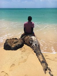 Rear view of man sitting against sea at beach