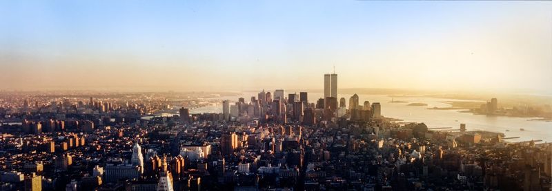 High angle view of city against sky during sunset
