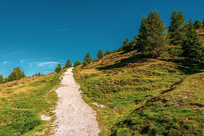 Hiking trail in the mountains of the sexten dolomites in italy.