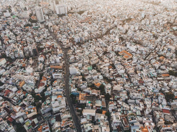 High angle view of tree and buildings in town