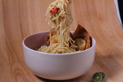 High angle view of food in bowl on table