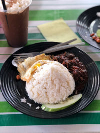 High angle view of breakfast served on table