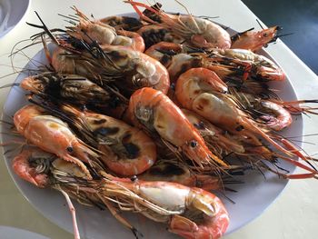 High angle view of prawns in plate on table