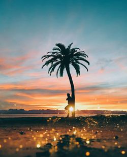 Silhouette palm tree by sea against sky during sunset