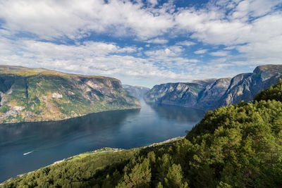 Scenic view of lake and mountains against sky