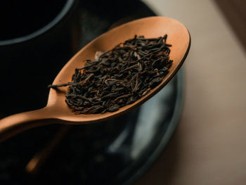 High angle view of tea in bowl on table