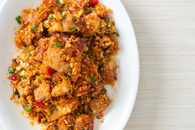 High angle view of food in plate on table