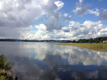 Scenic view of lake against cloudy sky