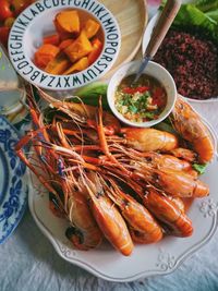 High angle view of food in plate on table