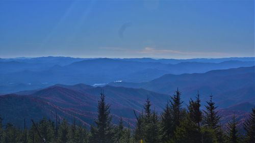 Scenic view of mountains against sky at dusk