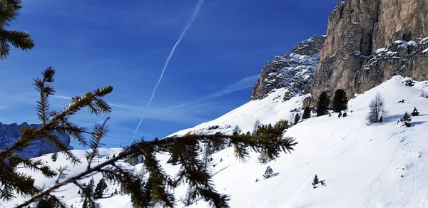 Low angle view of snow covered mountain against sky