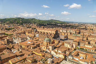 Aerial view of bologna with the beautiful maggiore square and the tower