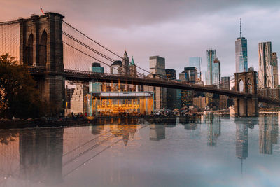 View of suspension bridge with city in background