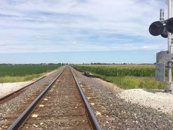 Railroad tracks on field against sky