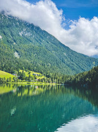 Scenic view of lake by mountains against sky