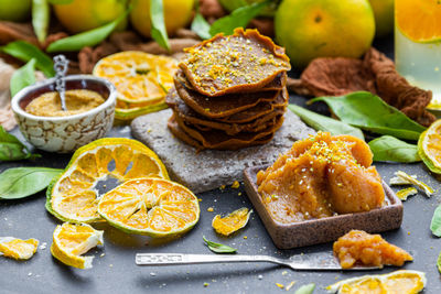 Close-up of breakfast served on table