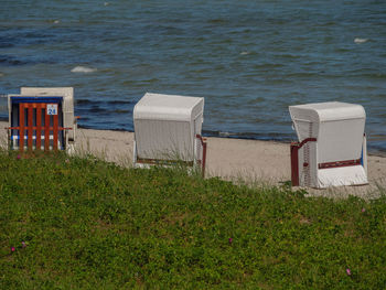 High angle view of chair on beach