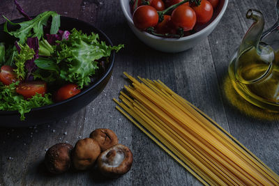 High angle view of vegetables in bowl on table