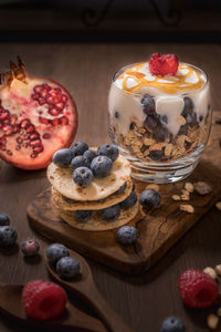 Close-up of dessert and fruits