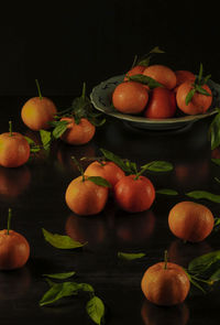 Still life of mandarins and leaves against black background