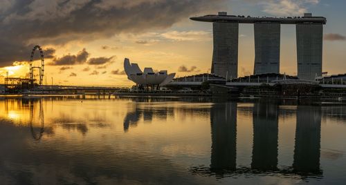 Skyscraper reflection on water at sunrise