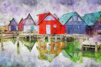 Digital composite image of building and lake against sky