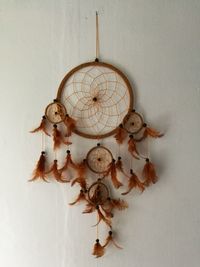 Close-up of feather hanging against white wall