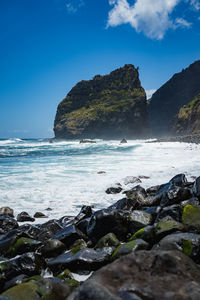 Rocky beach at rocha do navio nature reserve, madeira island, portugal