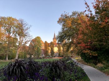 View of trees by building against sky