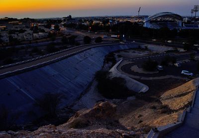 High angle view of city at dusk