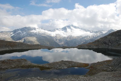 Scenic view of mountains against cloudy sky