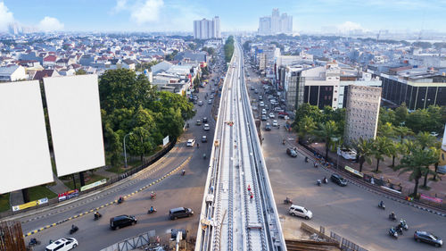 High angle view of railway bridge in city