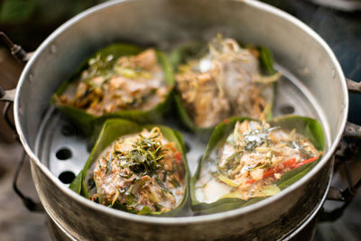 High angle view of meat in bowl
