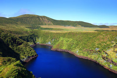 Scenic view of river and mountains against blue sky