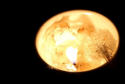 Close-up of illuminated light bulb against black background