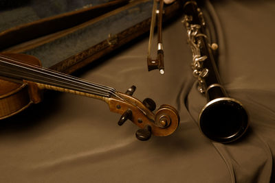 Close-up of musical instruments on table