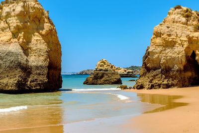 Scenic view of sea against clear blue sky