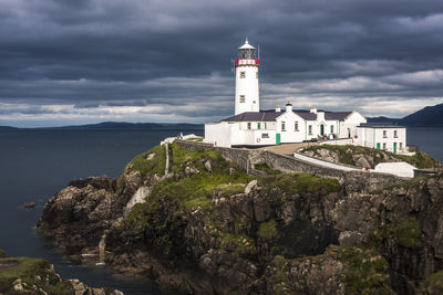 Lighthouse by sea against sky